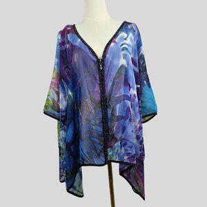 VTG Alberto Makali Sheer Beaded Poncho Tunic Top One Size Butterfly Purple Artsy